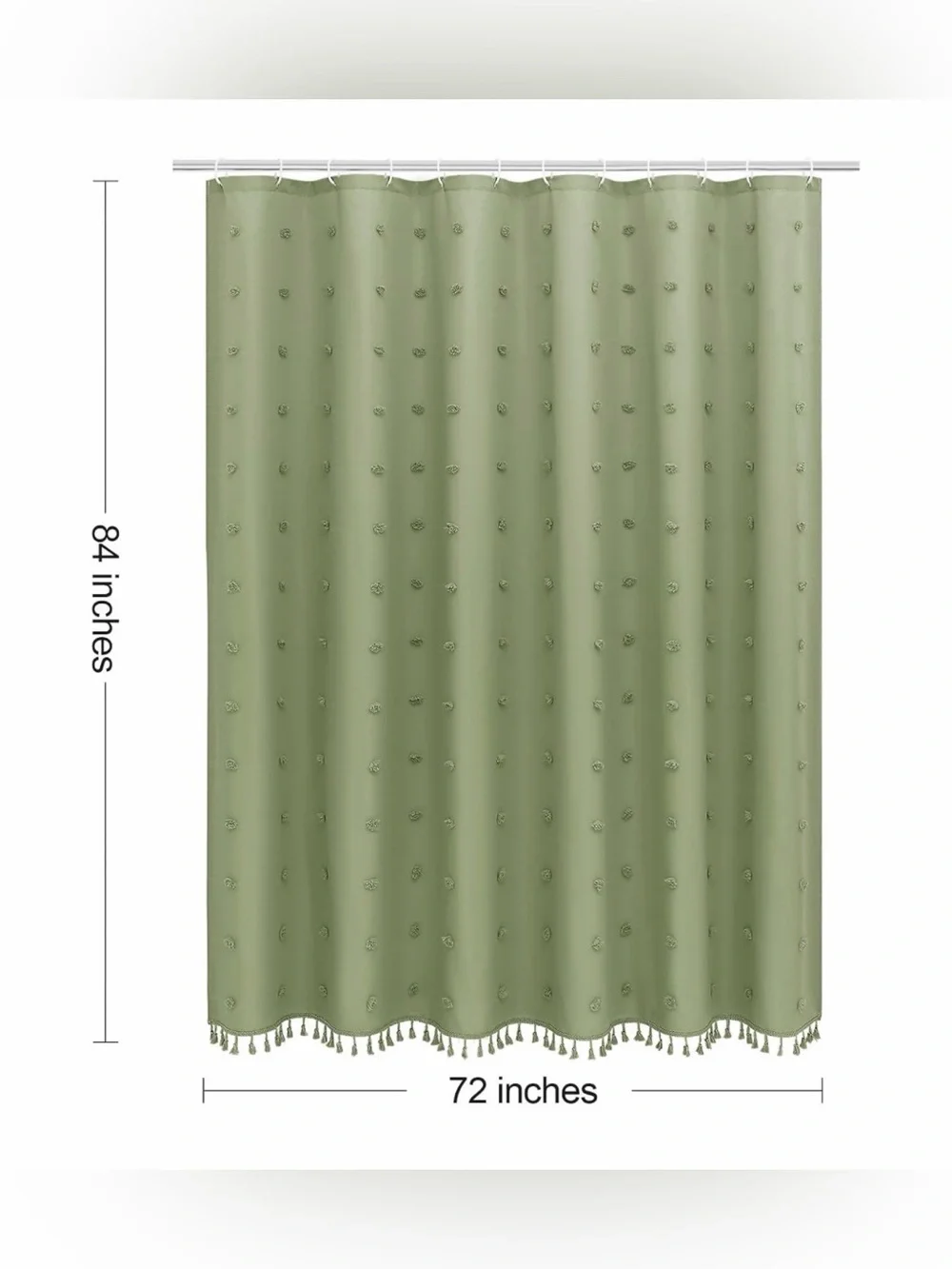 Washable cloth shower curtain. Sage Boho style with tassels. Bathroom home decor